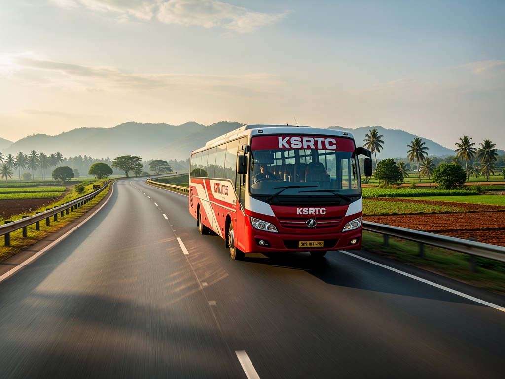 Scenic view of the Bangalore-Mysore Expressway with a KSRTC bus traveling through green countryside with distant hills visible on the horizon