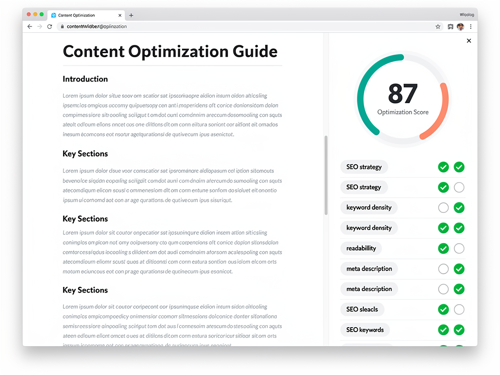 Surfer SEO Content Editor interface showing a document being written with real-time optimization score, suggested keywords panel on the right, and content structure guidelines with green checkmarks indicating completed optimizations