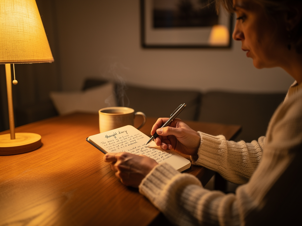 A person writing in a thought diary at a wooden desk, with warm lamp light creating a cosy atmosphere, capturing the practice of recording and examining anxious thoughts as part of CBT homework