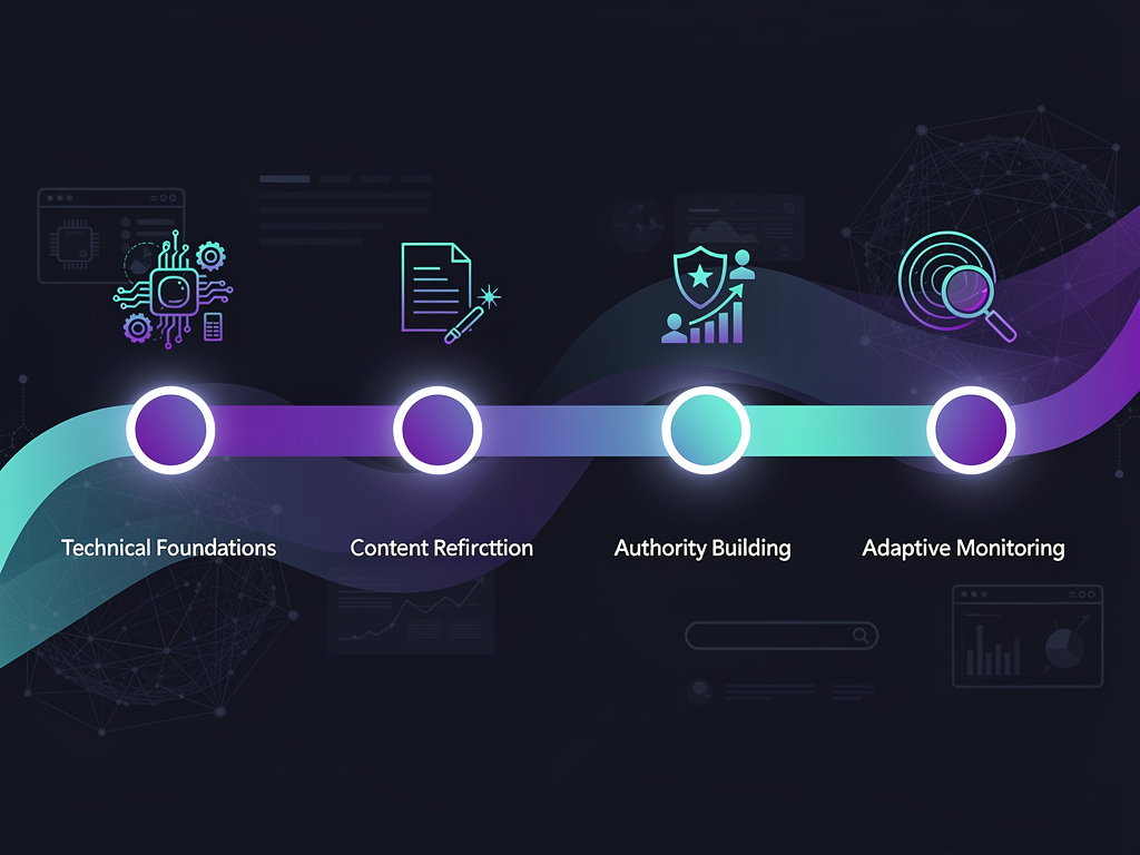 Timeline roadmap showing the progression of an AI visibility strategy from foundational technical setup through content optimization, authority building, and ongoing monitoring and adaptation, with key milestones and activities marked at each phase