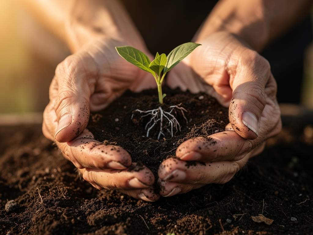 A person's hands holding a small plant seedling in rich soil, representing growth, nurturing recovery, and the patience required for healing, soft natural lighting emphasising the tender care involved in the recovery process