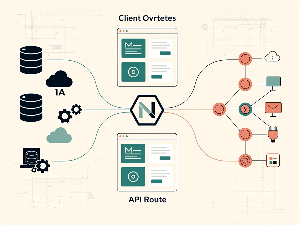 Architectural diagram showing Next.js framework structure with server components on the left connecting to a database, client components in the center displaying a user interface, and API routes on the right handling external service integrations, all unified under a single Next.js application with clean connecting lines and modern iconography