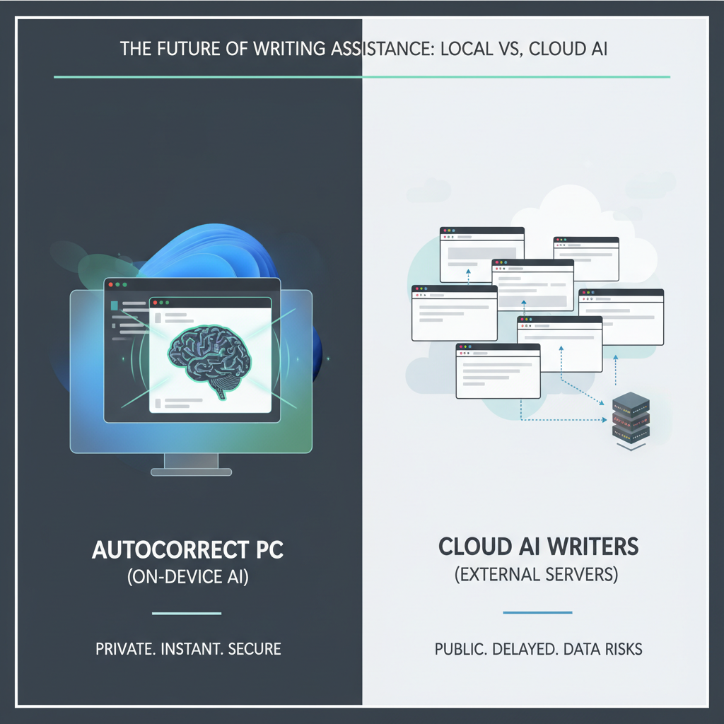 A detailed infographic comparing AutoCorrect PC's features with browser extensions and cloud AI writers, highlighting its system-wide integration and local processing.