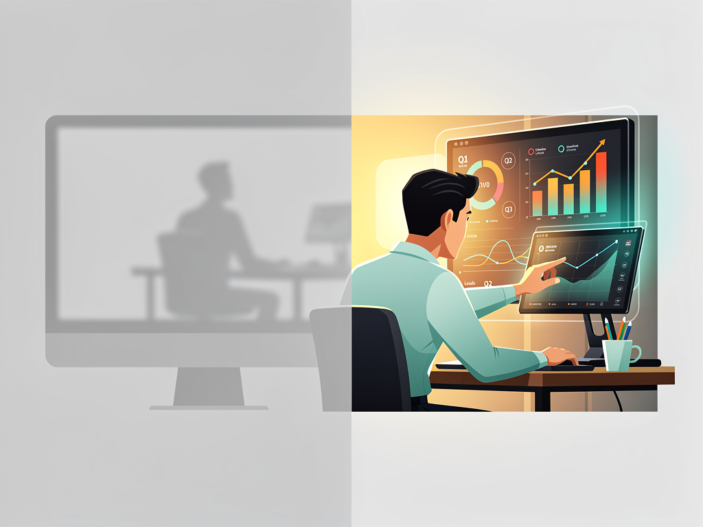 Side-by-side comparison showing an AI-generated alt text description on the left that generically describes 'a person working at a computer' versus a human-refined version on the right that specifies 'marketing manager analyzing Google Analytics dashboard showing organic traffic growth,' demonstrating the value of contextual human review