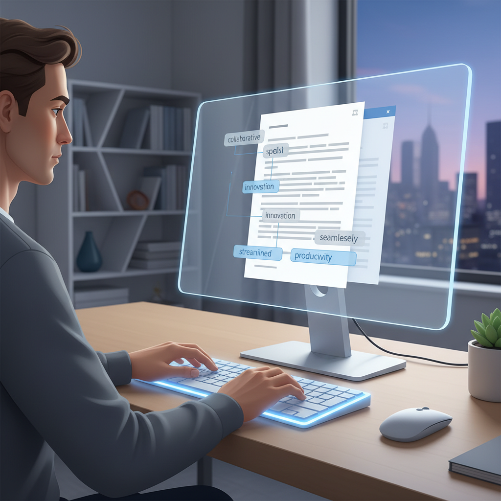 A user is seen effortlessly typing on their Windows PC, with a subtle overlay showing real-time grammar corrections and word predictions appearing above their text. The screen displays a professional document, emphasizing the productivity gains.