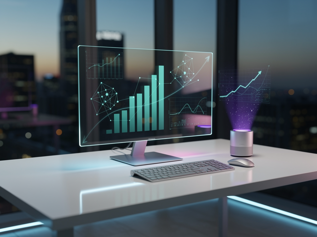 Conceptual futuristic scene showing holographic SEO data visualizations floating above a sleek desk with advanced computing devices, representing next-generation search optimization technology