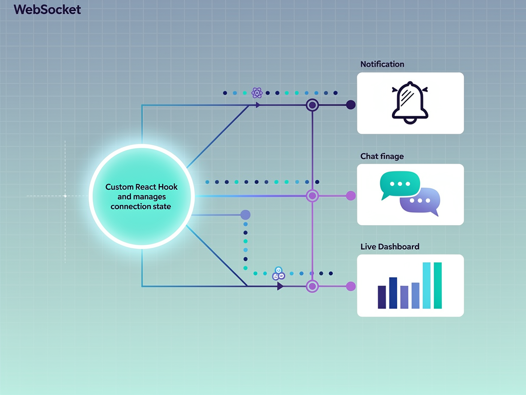 Architecture diagram showing WebSocket hook integration in a SaaS application, with the hook managing connection state and distributing real-time updates to multiple components including notifications, chat, and live dashboard widgets, rendered in a technical infographic style with connection lines and component boxes