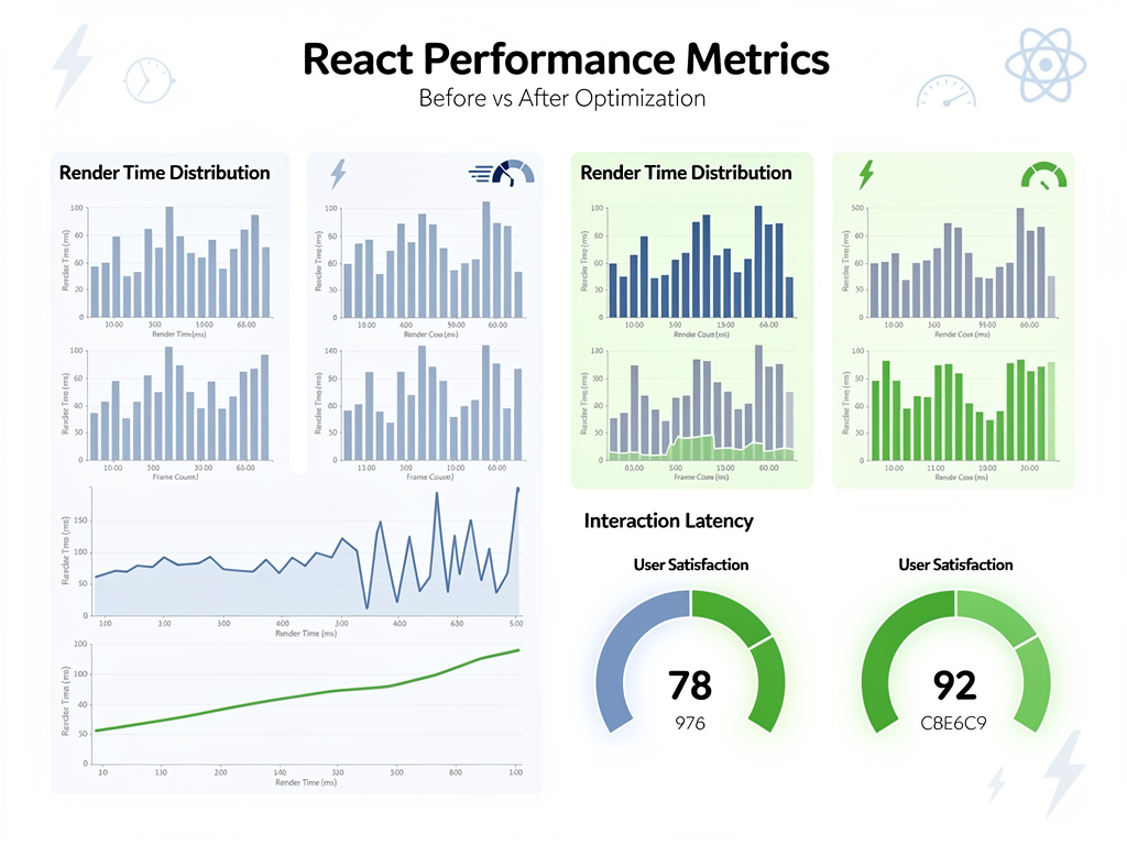 Performance monitoring dashboard showing before and after metrics for a SaaS application with React Compiler enabled, including charts for render time distribution, interaction latency, and user satisfaction scores, clean data visualization with green indicating improvements