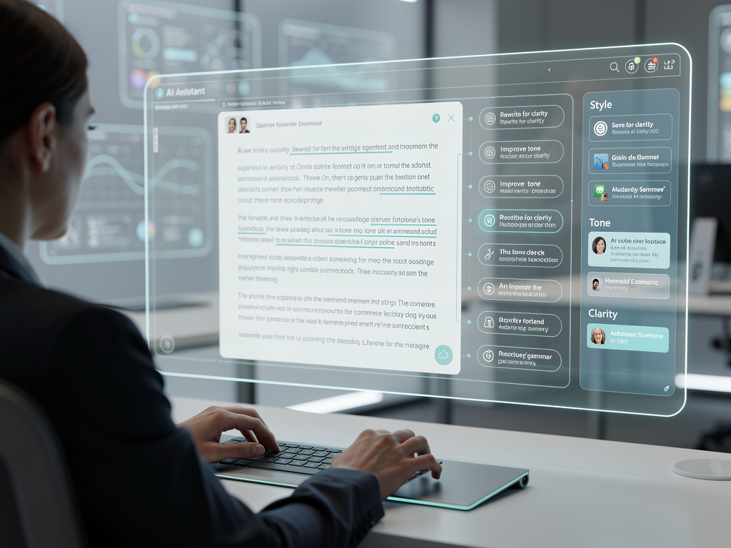 A futuristic interface showing a user interacting with an advanced AI writing assistant, with contextual suggestions and proactive grammar checks appearing seamlessly on screen.