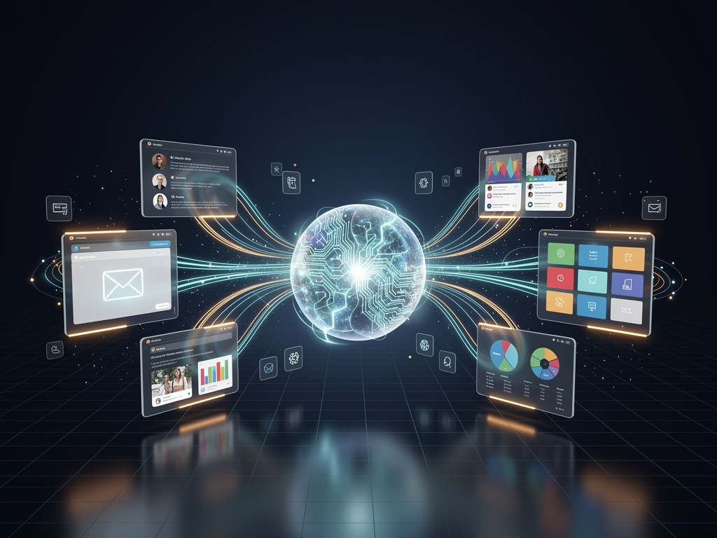 Futuristic visualization of AI content platform evolution showing integration connections to various marketing tools, personalization engines, and answer engine optimization features, representing the next generation of content automation capabilities