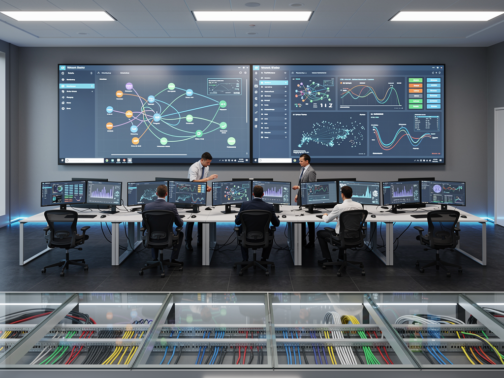 Modern enterprise network operations center with multiple display screens showing AV system monitoring dashboards, professional lighting illuminating rows of workstations, technicians reviewing network topology diagrams in a sleek corporate environment