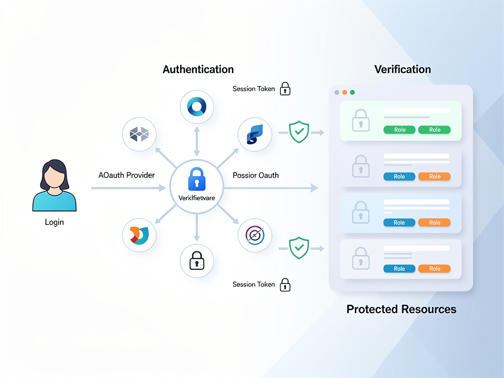 Authentication flow diagram for a SaaS application showing user login on the left, NextAuth.js middleware in the center handling OAuth providers and session management, and protected dashboard routes on the right with role-based access control indicators, connected by arrows showing the request flow with security checkpoints marked