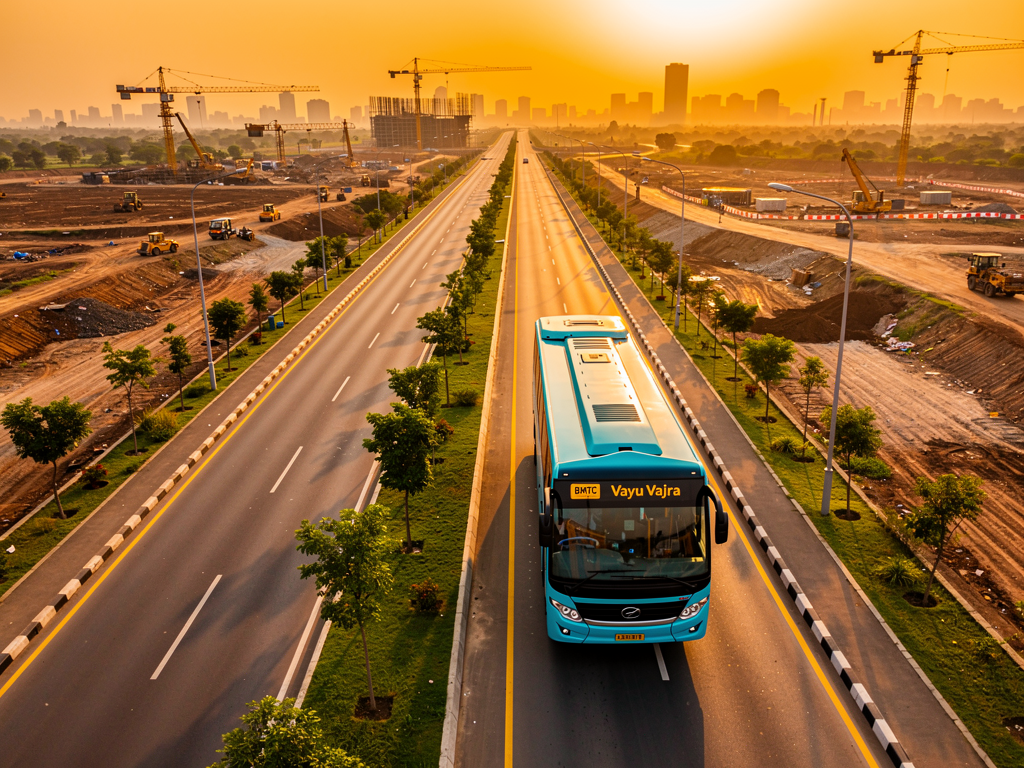 Aerial view of the proposed Peripheral Ring Road alignment showing the 8 lane expressway cutting through Bangalore's northeastern suburbs, with green corridors on either side, construction equipment visible, and the city skyline in the background during golden hour lighting