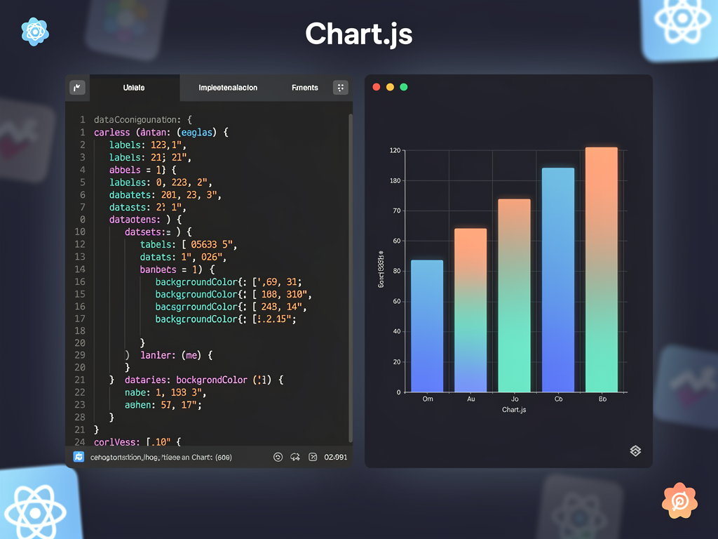Code editor screenshot showing Chart.js implementation in a React component with syntax highlighting, displaying the data configuration object with labels array and datasets containing backgroundColor and borderColor properties, alongside the rendered chart preview in a split-screen development environment