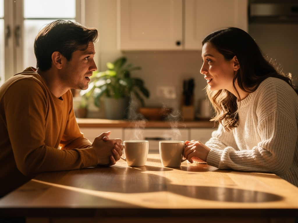 A supportive conversation between two people at a kitchen table, warm natural lighting, cups of tea between them, body language showing connection and understanding