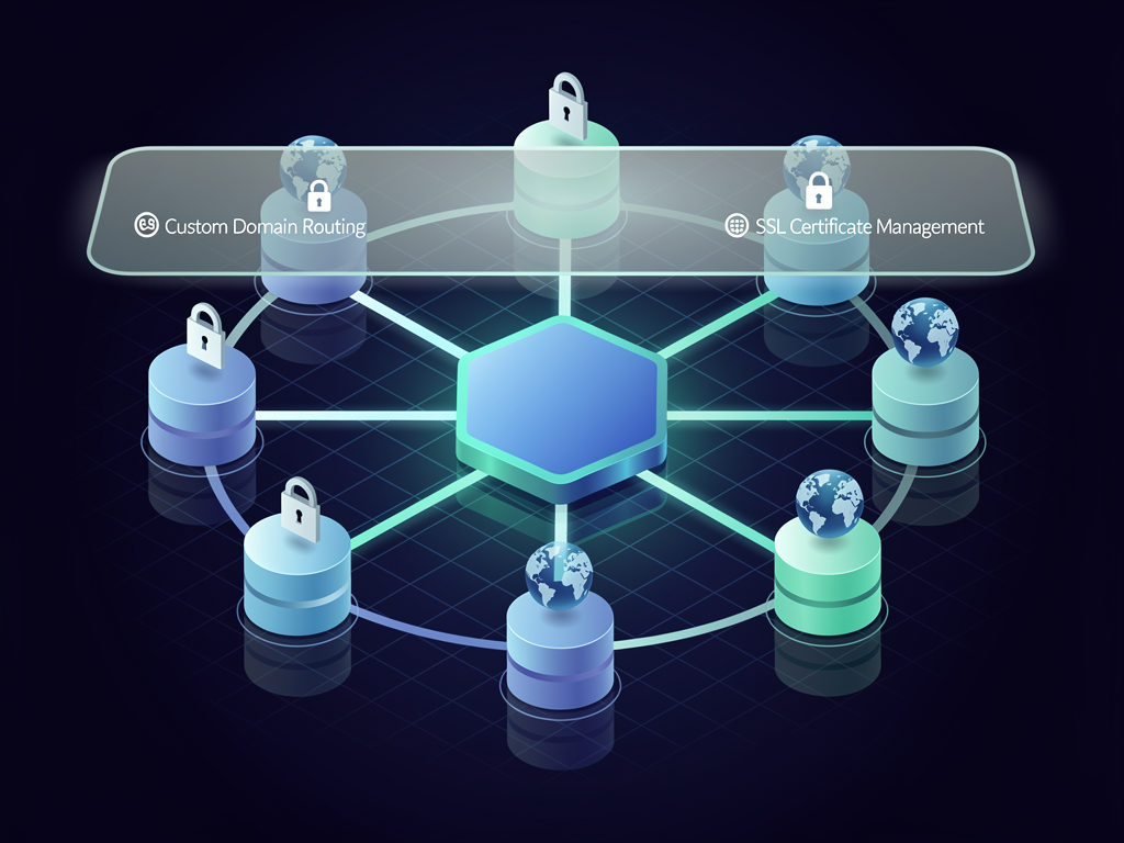 Architectural diagram illustrating multi-tenant SaaS platform structure with shared application layer, isolated tenant databases, custom domain routing, and SSL certificate management flowing through a central orchestration system