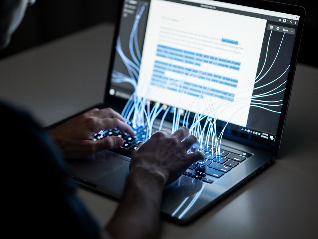 A person's hands typing rapidly on a modern laptop keyboard, with glowing blue lines illustrating the flow of text and ideas across the screen.