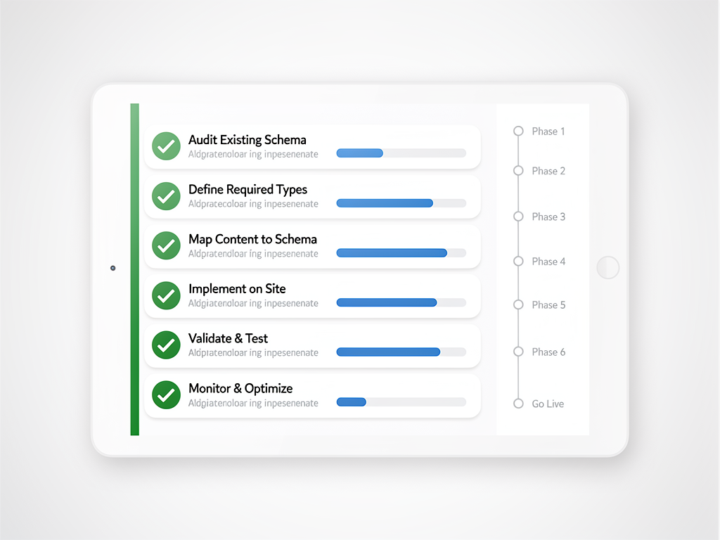A detailed project checklist on a tablet screen showing schema implementation phases with completed and pending items, progress indicators, and timeline markers, clean productivity app interface design with green checkmarks and blue progress bars