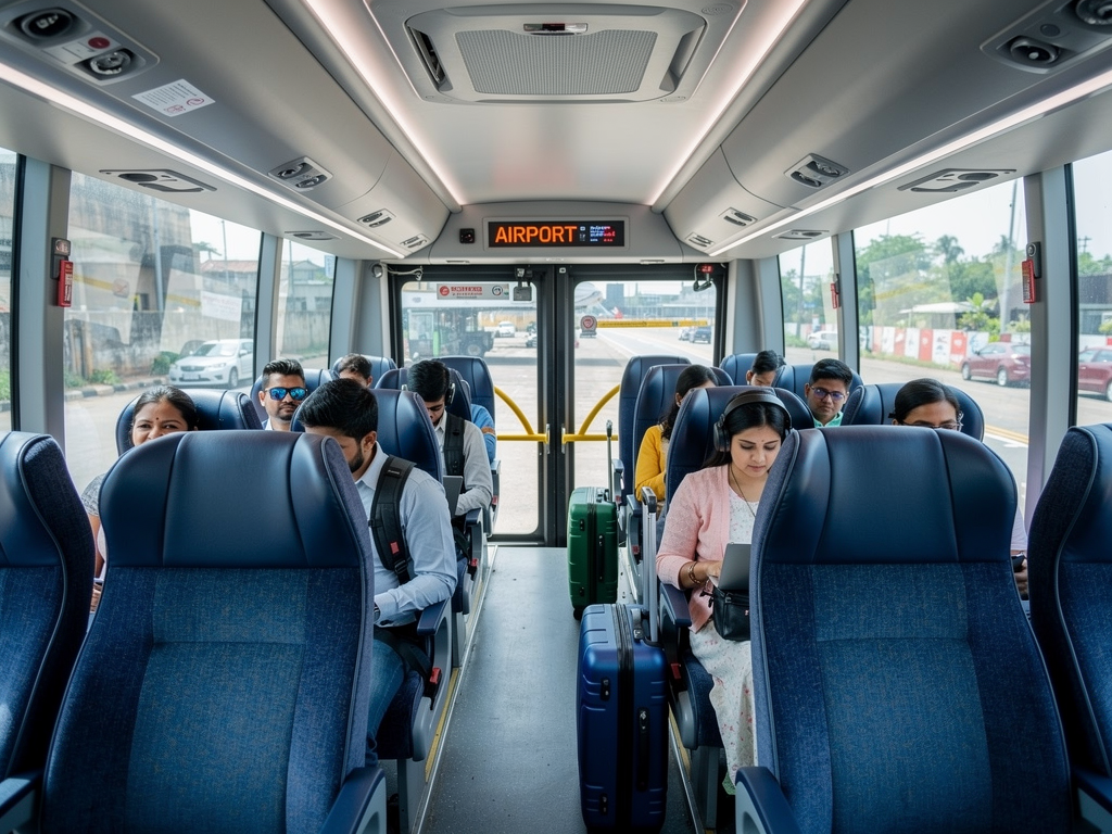 Interior view of a BMTC Vayu Vajra Volvo bus showing comfortable seating, air conditioning vents, and passengers traveling to Bangalore airport