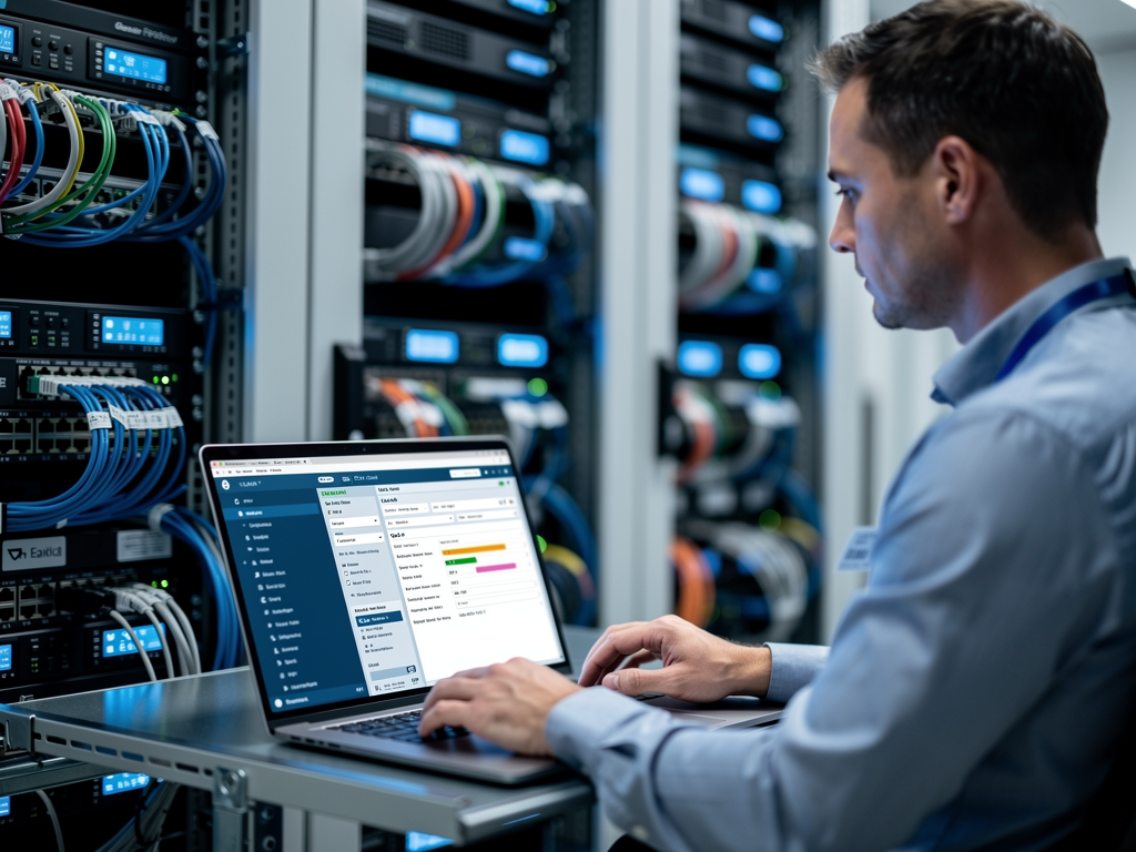 Network administrator configuring managed switch through laptop interface in server room environment, blue LED lights from networking equipment creating ambient glow, professional data center setting with organized cable runs and proper labeling visible