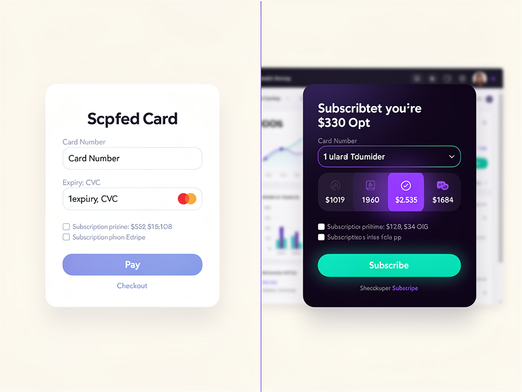 Split-screen comparison showing Stripe Checkout hosted page on the left with default styling versus a custom Stripe Elements implementation on the right with branded colors, custom fonts, and integrated design matching the parent SaaS application