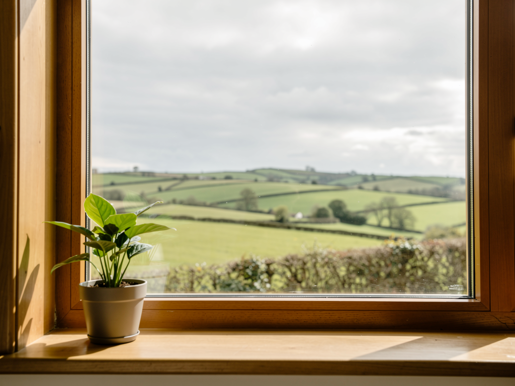 A serene British countryside scene visible through a therapy room window, with rolling green hills and soft overcast sky creating a calming backdrop, symbolising hope, renewal, and the journey toward emotional wellbeing
