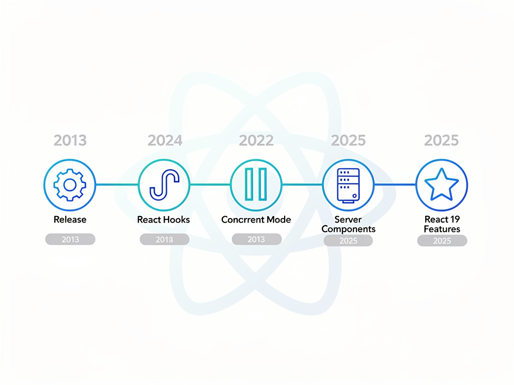 Timeline infographic showing React's evolution from 2013 to 2025 and beyond, with milestones including initial release, hooks introduction, concurrent mode, Server Components, and React 19 features, using a horizontal timeline design with icons and brief descriptions at each milestone