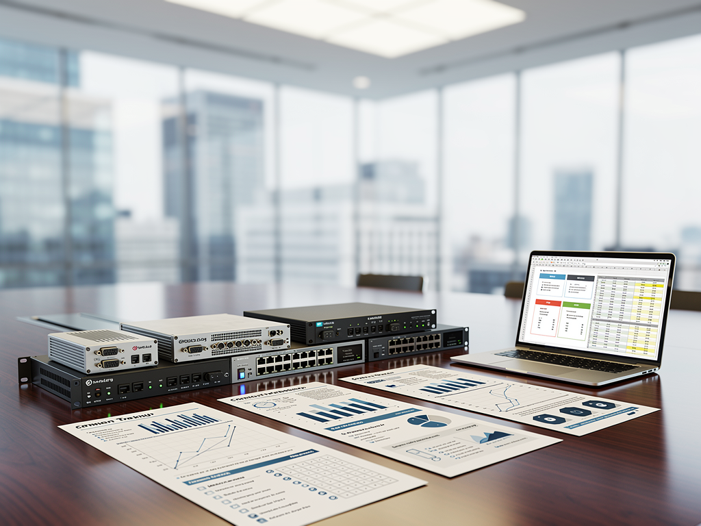 Professional AVoIP equipment from multiple manufacturers arranged on a conference table during a product evaluation session, with specification sheets and compliance documentation visible, in a well-lit corporate meeting room setting