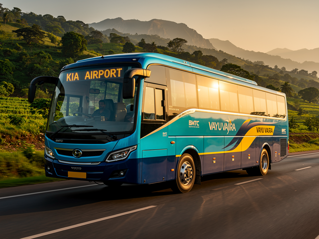 A BMTC Vayu Vajra Volvo airport coach traveling on a well-maintained highway during golden hour, with lush green Karnataka countryside visible on both sides, the bus displaying an amber LED destination sign showing airport route information