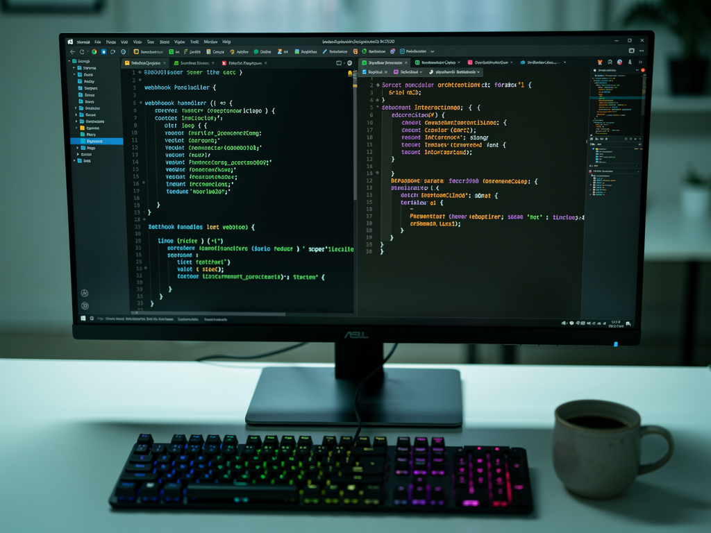 Code editor split view showing Next.js application code with Stripe webhook handler on left panel and corresponding Lemon Squeezy webhook implementation on right panel, demonstrating the different integration approaches with syntax highlighting in a dark theme IDE