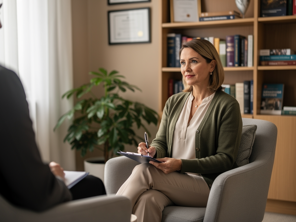 A professional female therapist in her 40s taking notes during a session, seated across from an out-of-focus client, the scene showing a modern British counselling office with neutral tones, bookshelves with psychology texts, and credentials displayed on the wall
