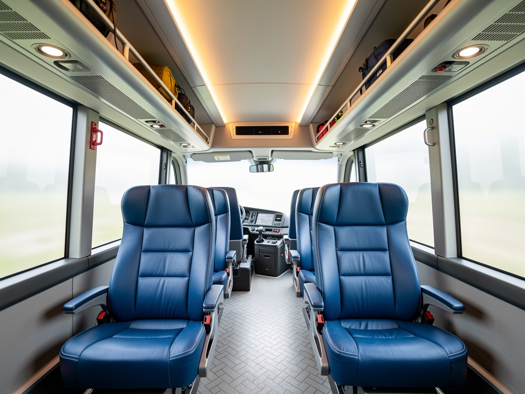 Interior view of a Vayu Vajra Volvo bus showing comfortable blue reclining seats, overhead luggage racks, and air conditioning vents in a clean, well-lit cabin