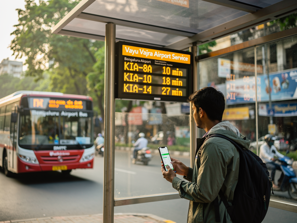 A traveler using a smartphone to check the Namma BMTC app while standing at a bus stop shelter, with a digital display board showing upcoming Vayu Vajra arrivals in the background, urban Bangalore streetscape visible