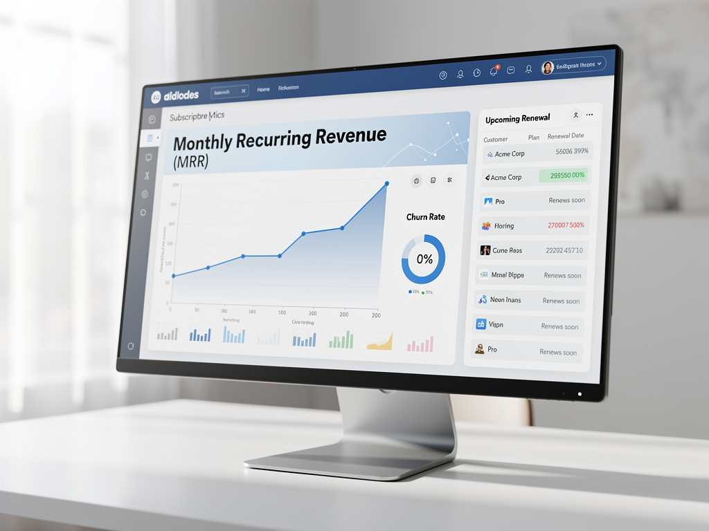 Subscription management dashboard showing active subscribers, monthly recurring revenue chart, churn rate metrics, and upcoming renewal notifications, rendered in a clean SaaS interface design with blue and white color scheme and subtle data visualizations