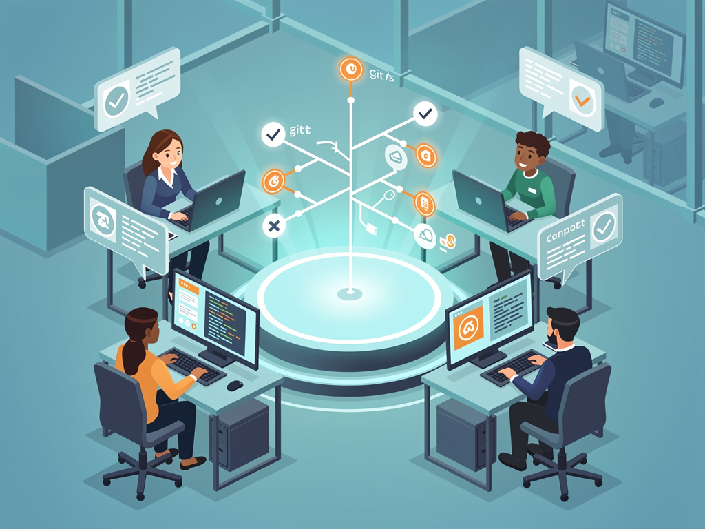 A team collaboration illustration showing developers working together around a central Git repository symbol, with speech bubbles containing code review comments and commit messages, depicting a positive collaborative atmosphere with diverse team members in a modern office setting