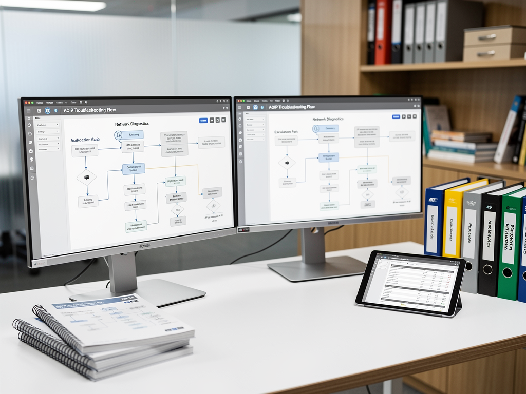 A technical documentation workstation showing AVoIP troubleshooting runbooks displayed on dual monitors with flowcharts and decision trees visible, situated in a quiet corporate office space with reference materials and technical manuals on nearby shelves