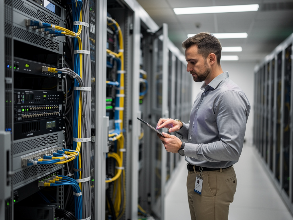 A professional AV technician conducting an equipment audit in a corporate server room, examining rack-mounted legacy matrix switchers and cable management systems under cool fluorescent lighting, with a tablet in hand for documentation purposes