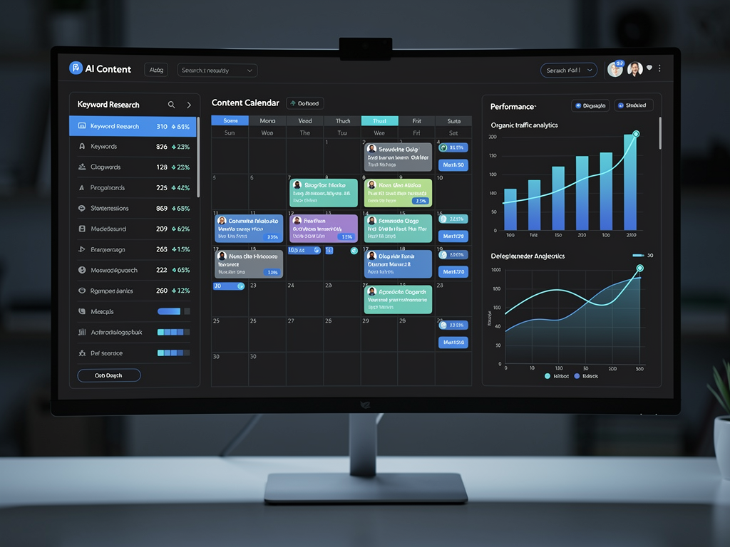Dashboard view of an AI SEO content platform showing keyword research interface, content calendar with scheduled articles, and performance metrics graphs displaying organic traffic growth over six months, modern dark theme interface with blue accent colors