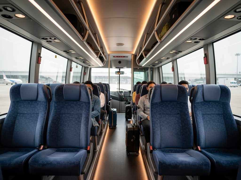 Interior view of a Vayu Vajra bus showing rows of comfortable seats with blue upholstery, overhead luggage compartments, and passengers seated with their carry-on bags, soft interior lighting creating a calm travel atmosphere