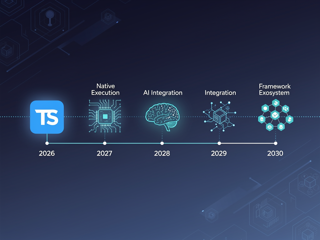 Timeline infographic showing projected TypeScript evolution from 2026 to 2030, with milestones for native execution support, enhanced AI integration, and framework ecosystem developments, using clean iconography and connecting lines