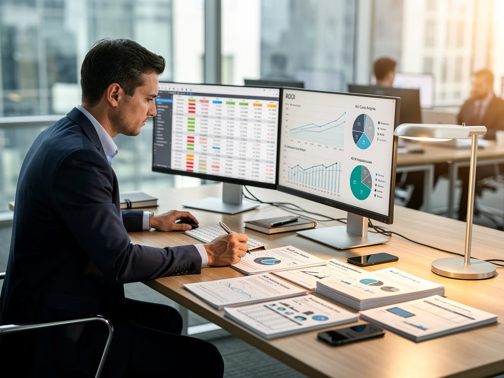 A financial analyst reviewing spreadsheets and cost comparison charts on dual monitors in a corporate office setting, with printed specification sheets from various AVoIP manufacturers spread across the desk, illuminated by a modern desk lamp