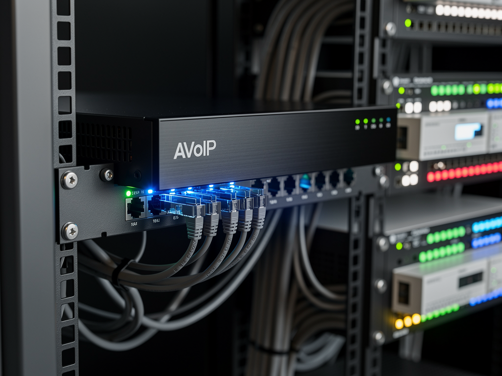 Close-up of modern AVoIP encoder unit with LED status indicators and network connections, mounted in equipment rack alongside building automation controllers, showing edge computing integration hardware