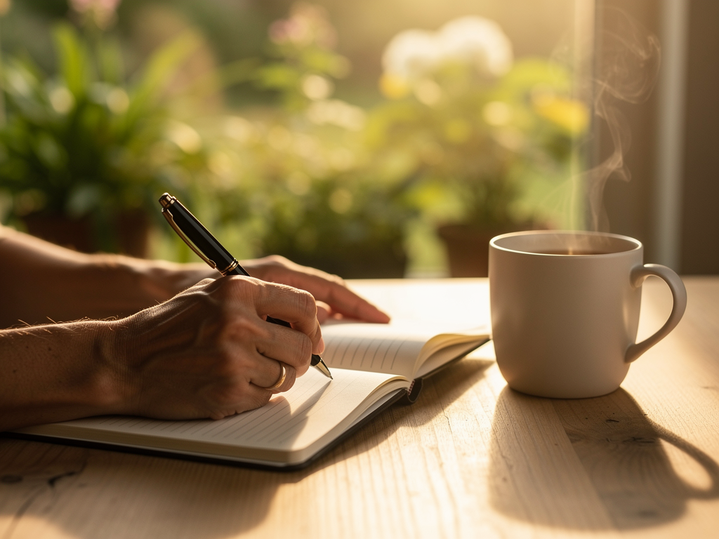 A close-up of hands writing in a journal beside a cup of tea, with a peaceful garden visible through a nearby window, soft morning light illuminating the scene, suggesting reflective practice and self-care activities recommended in CBT treatment