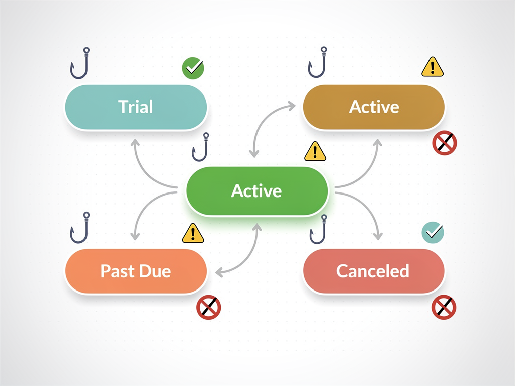 Flowchart illustrating subscription state management in a SaaS application, showing transitions between trial, active, past due, and canceled states with corresponding hook state values and UI recommendations, designed in an infographic style with status indicators and arrows