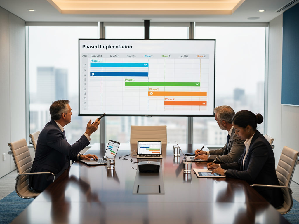 Project timeline displayed on large conference room screen during planning meeting, stakeholders reviewing phased implementation schedule, professional business environment with natural lighting and collaborative atmosphere