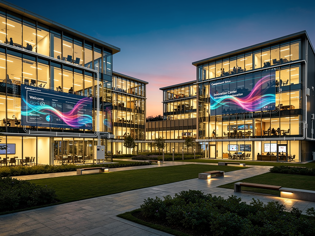 A panoramic view of a successfully completed campus AV installation showing multiple buildings with visible digital signage displays through windows, captured at dusk with interior lighting creating a warm glow against the evening sky