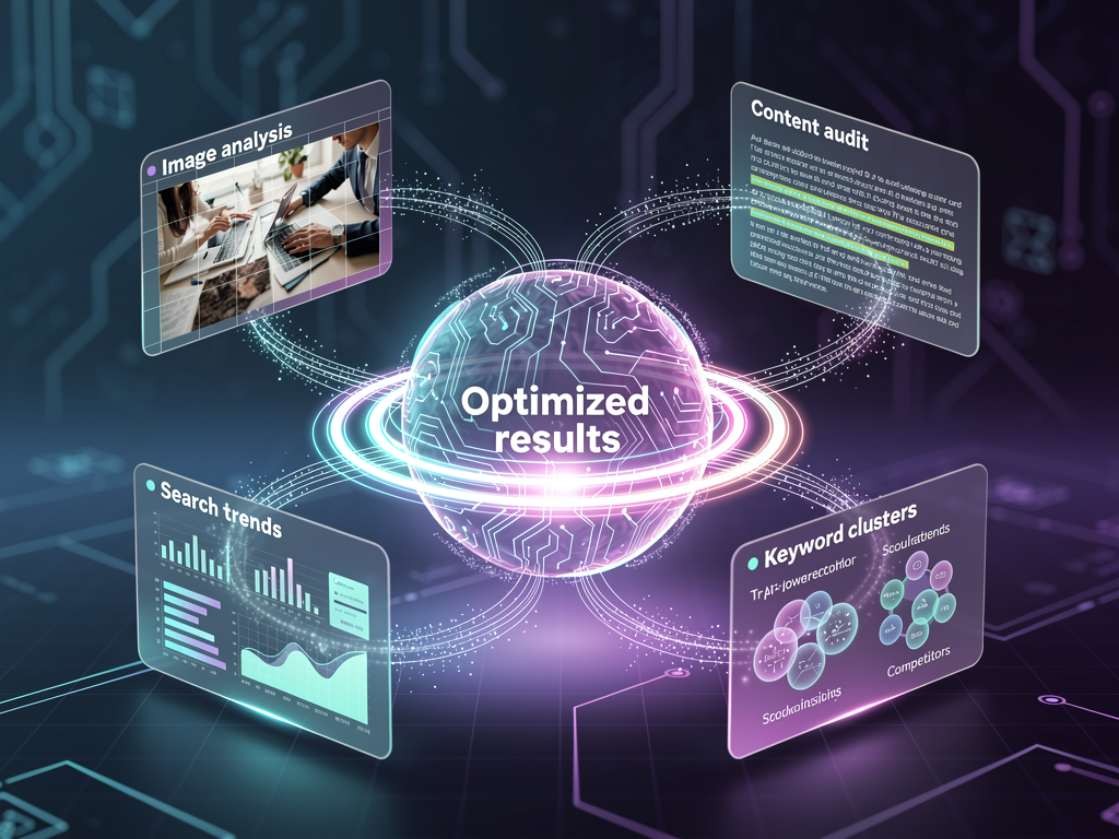 Futuristic concept illustration showing an AI system analyzing multiple inputs simultaneously: the image itself, surrounding webpage content, search trend data, and competitor analysis, with connecting lines flowing into a central processing node that outputs optimized alt text, rendered in a modern tech aesthetic with blue and purple gradients