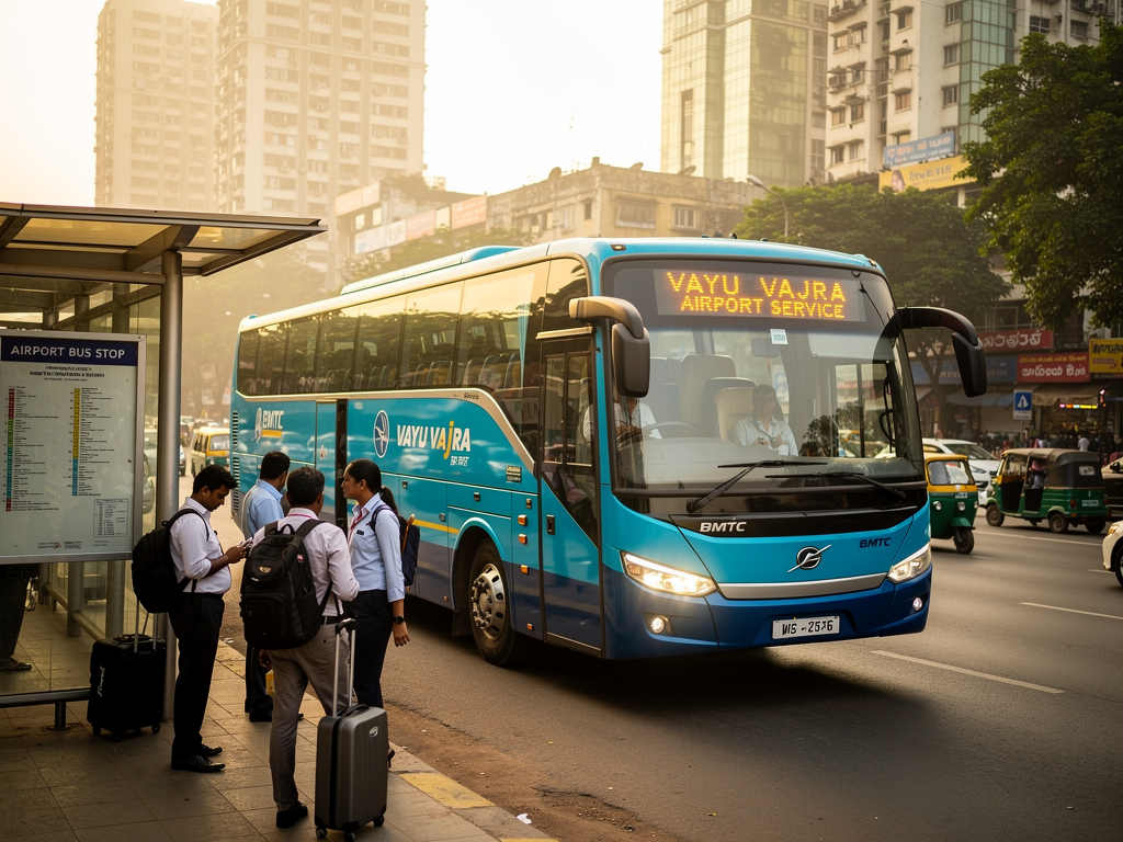 Modern BMTC Vayu Vajra Volvo bus arriving at a busy Bangalore transit hub during morning rush hour, with commuters waiting at the designated airport bus stop, urban buildings and traffic in the background, soft morning light creating a professional atmosphere