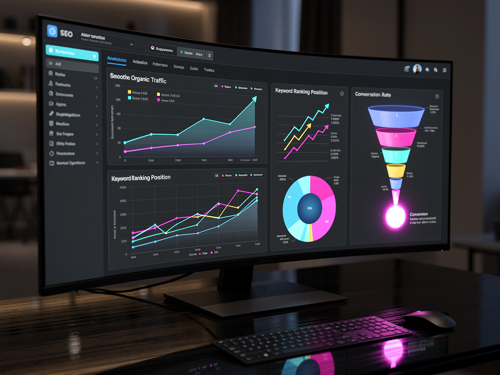 Analytics dashboard showing key content performance metrics including organic traffic trends, keyword ranking positions, engagement rates, and conversion data, dark theme interface with colorful charts and graphs displaying positive growth trends