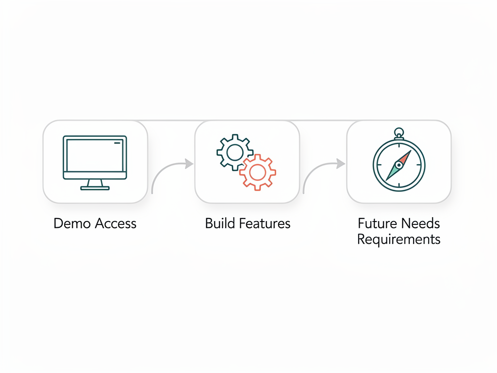 Decision flowchart infographic showing the final selection process from demo access through feature building to future requirements consideration, with clean icons and directional arrows in modern data visualization style